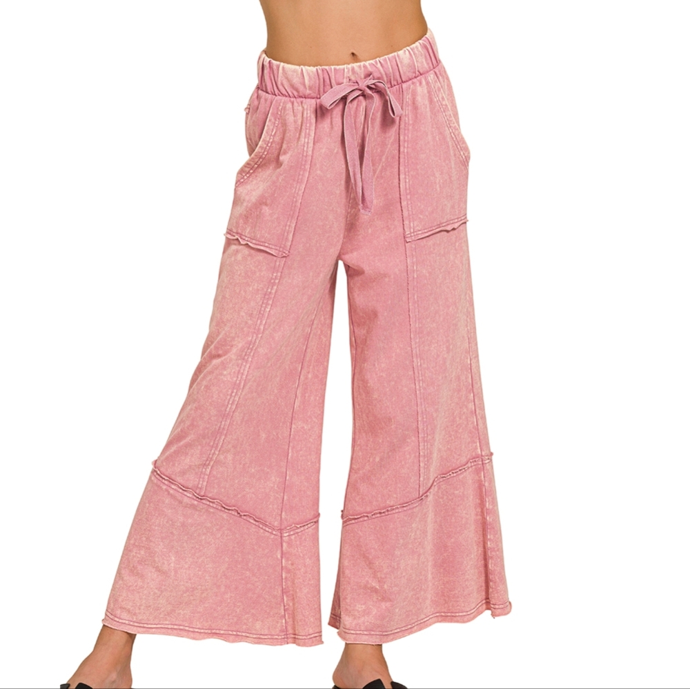 Zenana Exposed Seam Flare Hem Pants with Pockets, Mineral Wash Light Rose